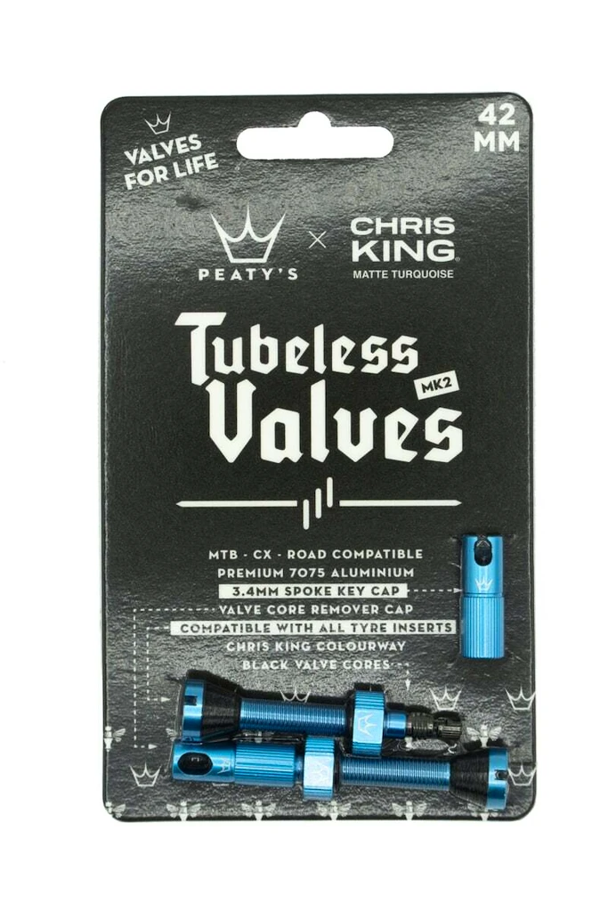Tubeless ventil PEATY'S  X chris king (mk2) turquoise tubeless valves 42mm (ptv2-42-trq-12)